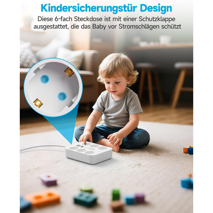 Мережевий фільтр 6-фазовий з USB (3 USB-A, 3 USB-C), з вимикачем та 2м кабелем, захист від перенапруги, чорний (2м білий)