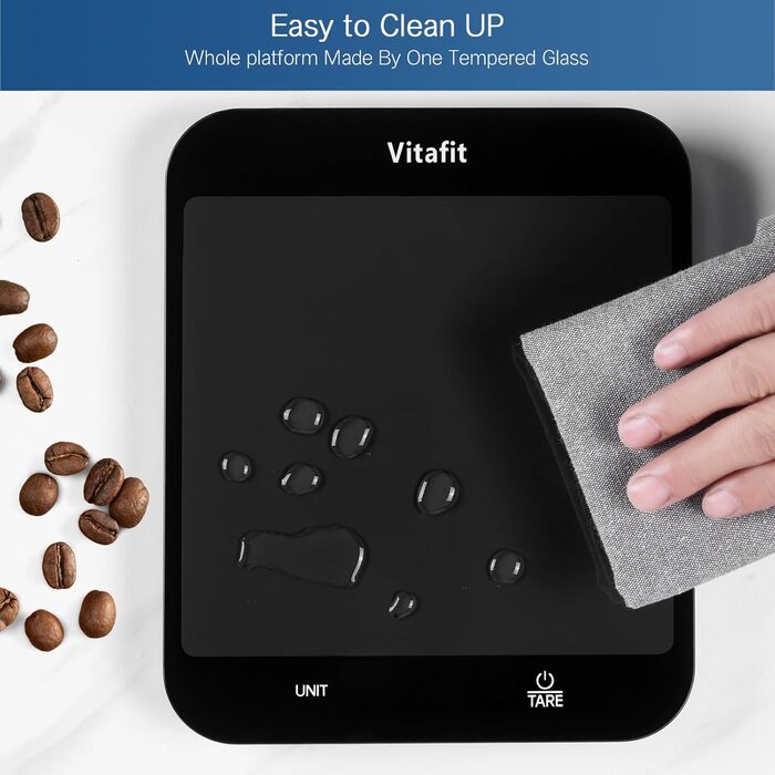 Кухонні ваги Vitafit 15 кг з LED-дисплеєм, цифрова вага для їжі та документів, скло, точність 1 г, чорний