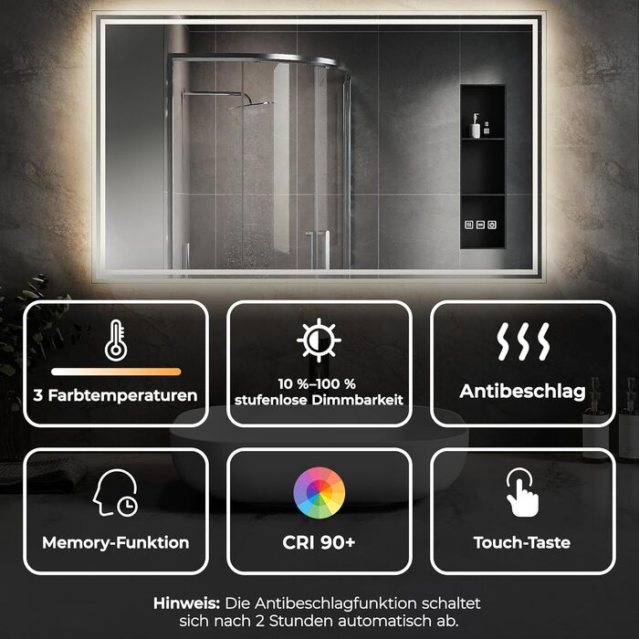 Дзеркало для ванної кімнати SVNR з підсвічуванням, 40x60 см, LED, алюмінієва рама, захисне скло, IP44, 4 кольори світла, проти запотівання