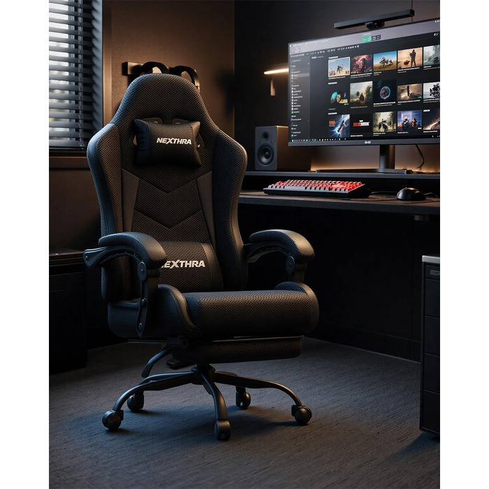Геймерське крісло Nexthra Ergonomisch з підставкою для ніг, до 180 кг, чорне. Регульована спинка 150°, для геймінгу та офісу