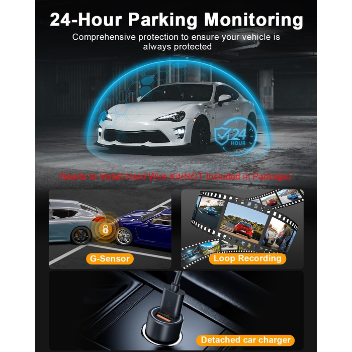 Відеореєстратор у машину Dashcam 4K з двома камерами, WiFi, 64GB SD карта, паркувальний асистент, нічне бачення, 170°+140° кут огляду, 3' IPS дисплей, G-сенсор, циклічна запис, паркування, підтримка карт до 256GB