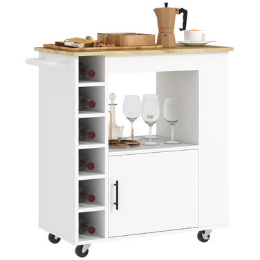 HOMCOM Kitchen Cart Serving Cart with Worktop, Shelves, Wine Racks, Kitchen Cabinet Rolling Cart with Soft-Close Hinges, Handle, Kitchen Island for Office, 83x40x83cm, Oak | Aosom