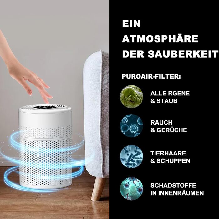 Розумний очищувач повітря WiFi з керуванням через додаток та голосовими помічниками Alexa/Google - 360° повітряний потік, фільтр HEPA H13 (99,97%), нічний режим 20 dB, CADR 90 м³/год, кольорове підсвічування для спальні (KJ1-6)