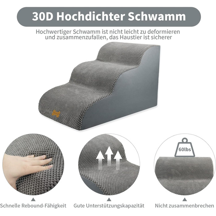 Сходинки для собак Непфайві: 3 сходинки, сірі, 60x40x40 см. Зручні для маленьких собак, знімний, пральний чохол, антиковзаюче покриття