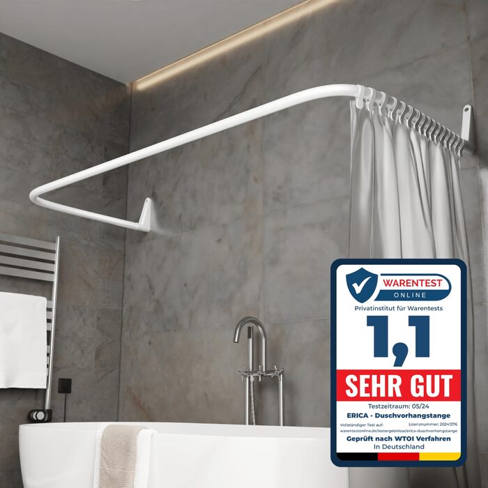 Штанга для душу Еріка L-подібної та U-подібної форми - 4-в-1 для ванни/душу - сталева з порошковим покриттям, біла (без кріплень до стелі)