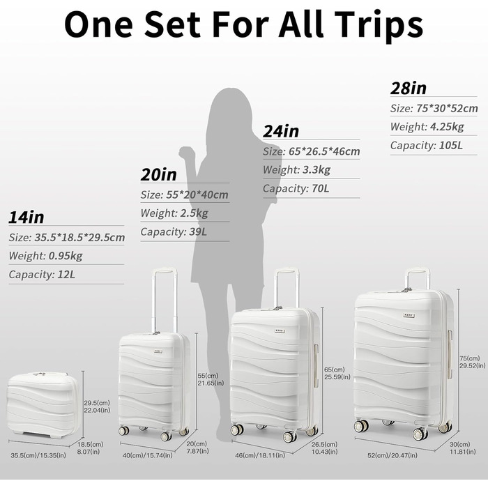 Набір валіз KONO 2 шт: ручна валіза-тележка 56 см + косметичка з поліпропілену, жорсткий корпус, 4 колеса, TSA-замок (кремово-білий)