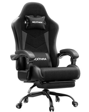 Геймерське крісло Nexthra Ergonomisch з підставкою для ніг, до 180 кг, чорне. Регульована спинка 150°, для геймінгу та офісу