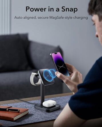 Зарядний станція 3-в-1 ESR MagSafe для Apple Watch та iPhone, білий/чорний, сумісна з iPhone 17/16/15/14/13/12, Apple Watch 9/8/7/6/5/4/3/2/SE та AirPods 4/3/2/Pro