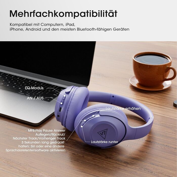 Бездротові навушники DOQAUS Bluetooth з довгим терміном служби (70 годин), Over-Ear, Bluetooth 5.4, з кабелем, 3 режими EQ, Hi-Fi стерео для подорожей/телефону/ПК (фіолетові)