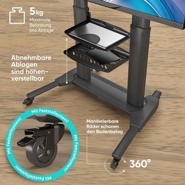 ONKRON Mobile TV Stand for 40-80 inch TVs - Adjustable Height, Aluminum, VESA 700x400, Black - TS2771-B