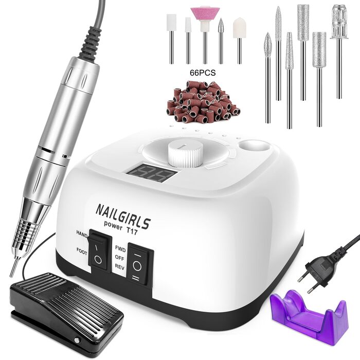 Електрична машинка для манікюру та педикюру Nailgirls 11 в 1 з LED-дисплеєм та педаллю, 35000 об/хв, для гелю та акрилу