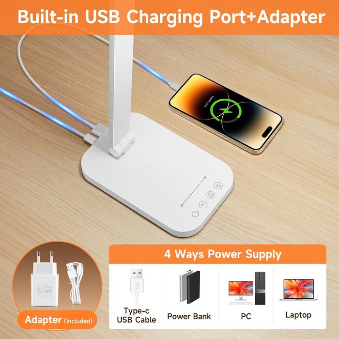 LED лампа для столу One Fire з адаптером, 1000 люмен, 96 LED, диммер, таймер, світлова пам'ять, для дітей, денне світло, для читання