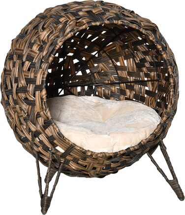 PawHut Rattan Cat House with Cushion, Cat Sleeping Place, Cat Cave with Raised Feet, Natural Ø52 x 58 cm (Brown)
