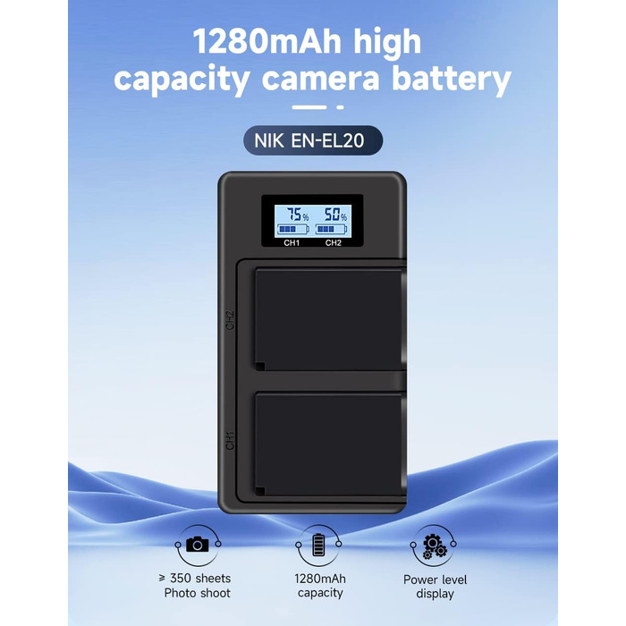 2 шт. акумулятори EN-EL20/EN-EL20a + зарядний пристрій Smart LCD Dual USB для Nikon Coolpix P950, P1000, P1100, Coolpix A, 1 AW1, 1 J1, 1 J2, 1 J3, 1 S1, 1 V3, DL24-500 цифрових камер