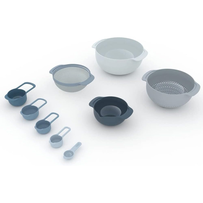 Joseph Joseph Nest 9 Plus 9-Piece Nesting Set with Large and Small Mixing Bowls, Colander, Sieve, 5 Measuring Cups, Sky Blue