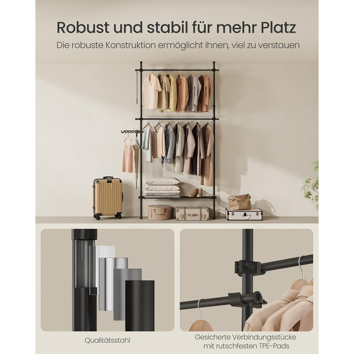 SONGMICS Telescopic Rod Clothes Rack, 3-Tier Wardrobe, Height and Width Adjustable, Open Closet with 2 Clothes Rods and Removable Shelf, Gripper Arm, Matte Black HSR136B01