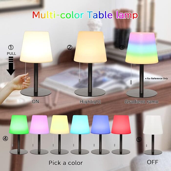 LED настільна лампа Uuffoo для дому та саду: акумуляторна, 7 кольорів, USB-C, для спальні, кухні, балкону, кемпінгу (чорна)