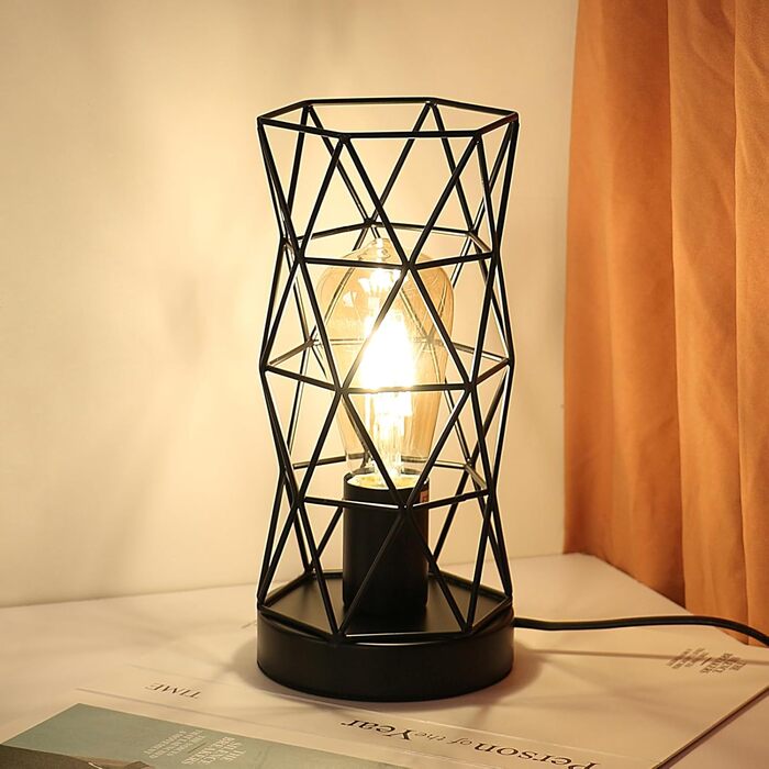 Настільна лампа з дерева та металу, вінтажний стиль, E14/E27, для дитячої, вітальні, спальні, бару (чорний)