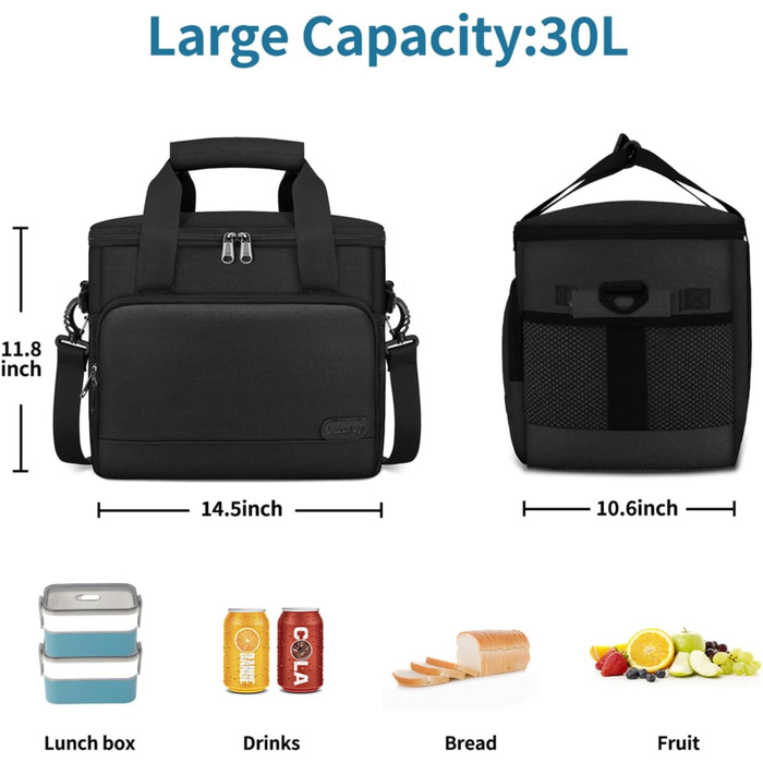 Термосумка Lubardy 15L/30L сіра/чорна: велика, складна, водонепроникна, для пікніків та обідів