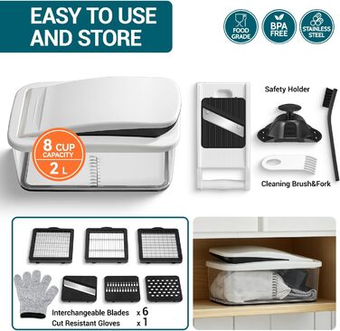 Нарізчик овочів Sopito з 6 лезами, 2 л контейнер, захист рук та рукавички, овочева спіраль, овочевий чіпер
