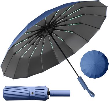 Стійкий до вітру парасолька-тростина, автоматичний, великий, з 16 ребрами, покриття Teflon 210T, анти-UV (блакитний)