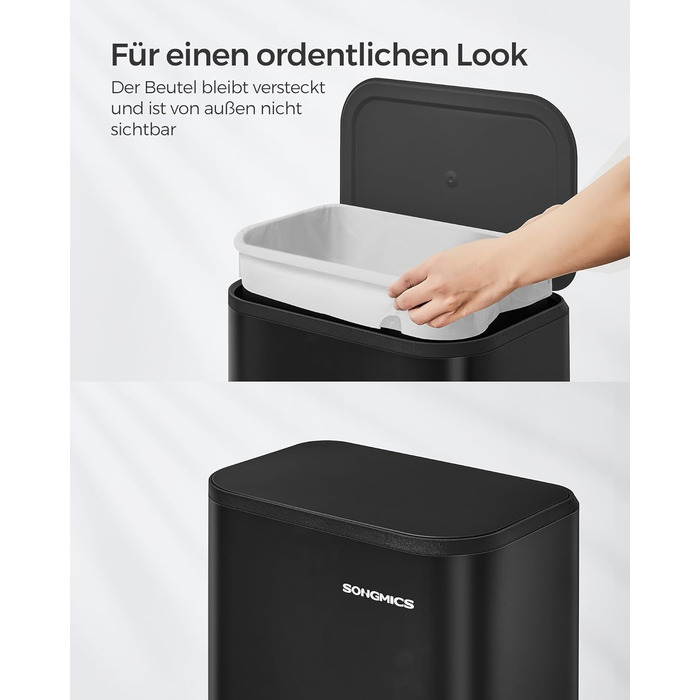 Відро для сміття SONGMICS 20 л з кришкою, з педаллю, нержавіюча сталь, Soft-Close, з внутрішнім відром, антиковзне педаль, хмарно-білий LTB542W02 (Чорний)
