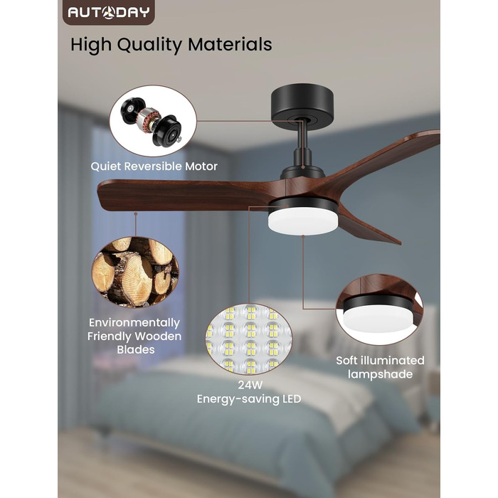 Дерев'яний стельовий вентилятор з підсвіткою, тихий DC-двигун, 90 см, для вулиці, 3 лопаті, диммування LED 24W, пульт з пам'яттю, 6 швидкостей, таймер, текстурована деревина