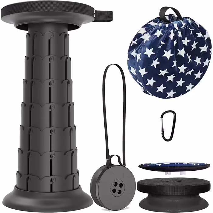 ALEVMOOM Portable Folding Stool with Cushion, Folding Camping Stool, Stool, Workshop Stool, Telescopic Folding Stool for Adults, 550lb Weight Capacity with Bag and Carabiner (Black) (Black)