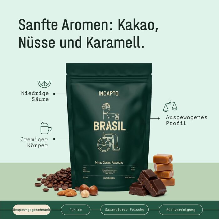 Спеціальна кава в зернах Incapto Single-Origin Brasilien, 100% Арабіка, Espresso Specialty Coffee (SCA 84), обсмажена традиційним способом, Мінас-Жерайс, 1 кг