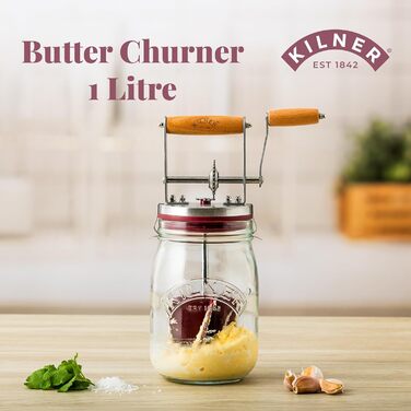Kilner Butter Churn Glass with Hand Crank, make delicious butter yourself in just 10 minutes, with silicone stirrer, 1L, incl. instructions and recipes, also for herb butter, garlic butter, etc., 27 cm tall
