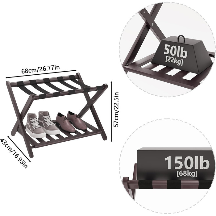 Fully assembled white luggage rack, upgraded bamboo, foldable suitcase stand with 5 nylon straps, luggage holder with shelf for guest rooms, hotel (white luggage rack, 1 piece) (Brown, 1 piece)