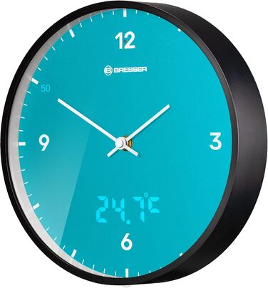 Bresser MyTime Radio-Controlled Wall Clock without Ticking Sounds, 24 cm Dial, LED Second Display, Indoor Temperature, and Silent Radio Movement, (Sky Blue)