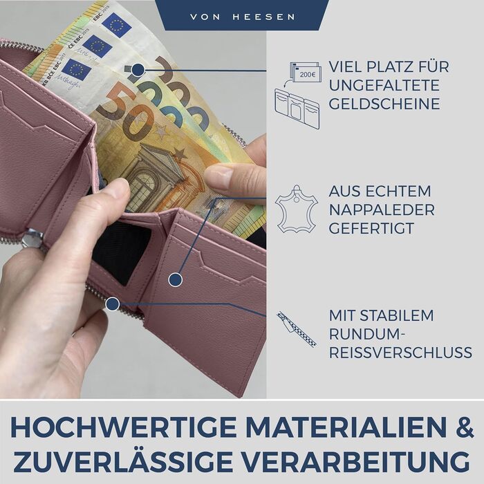 VON HEESEN Leather Wallet with RFID Blocker - Wallet for Women & Men made of Genuine Leather - Wallet with Coin Pocket - Purse for Women and Men in Lavender