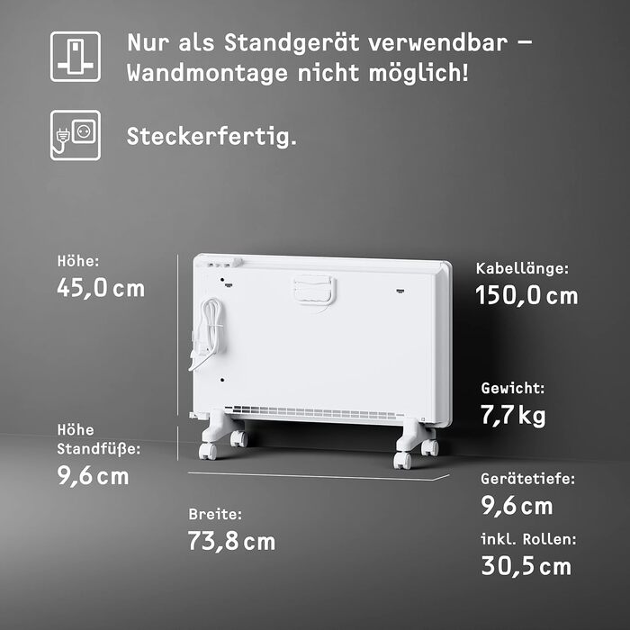 Електричний конвекторний обігрівач Stiebel Eltron 2 kW з терморегулятором, для приміщень до 25 м², TÜV geprüft, з роликами, 204450