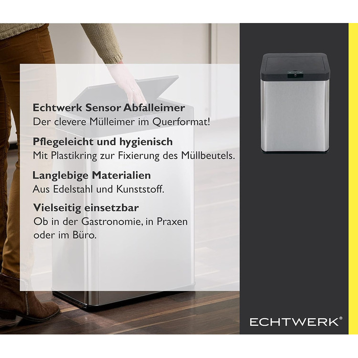 Сміттєвий бак сенсорний Echtwerk, 48л, нержавіюча сталь, чорний, з інфрачервоним датчиком руху та функцією плавного закриття