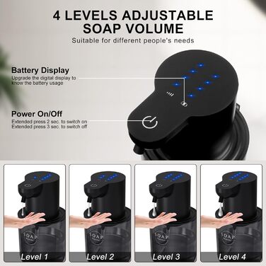 Автоматичний диспенсер для рідкого мила Cuteefun, 400 мл, сенсорний, індикатор заряду, 4 рівні дозування, для ванної/кухні, чорний