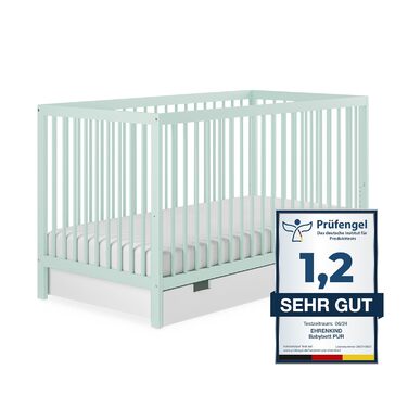 Дитяче ліжечко Ehrenkind PUR 140x70 см з бука, з шухлядою, м'ятне, 9-рівневе регулювання висоти, знімні ламелі