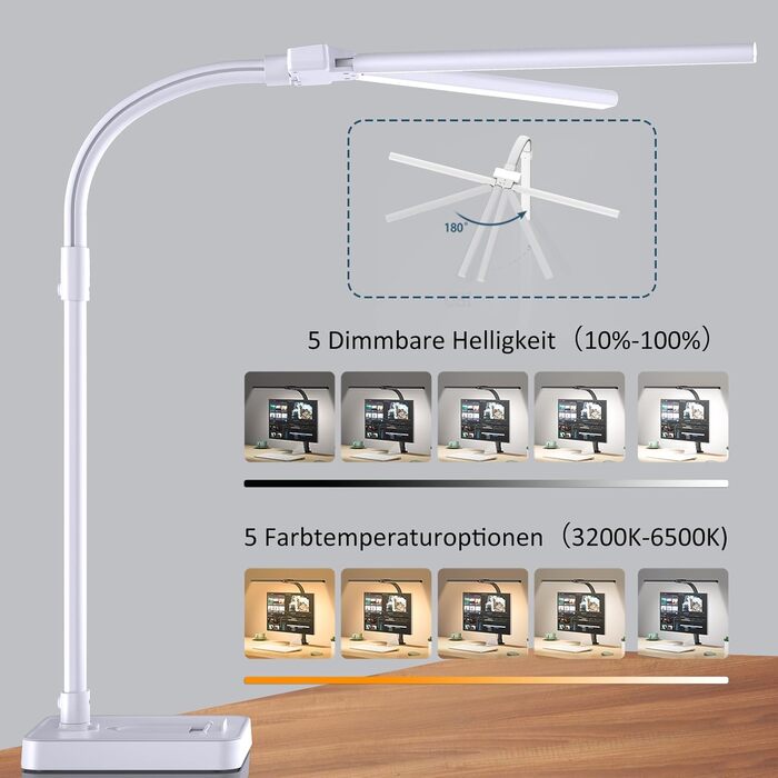 LED настільна лампа Doppelkopf з регулюванням яскравості, 24W, 80см, захист очей, гнусий шийка, 25 режимів освітлення