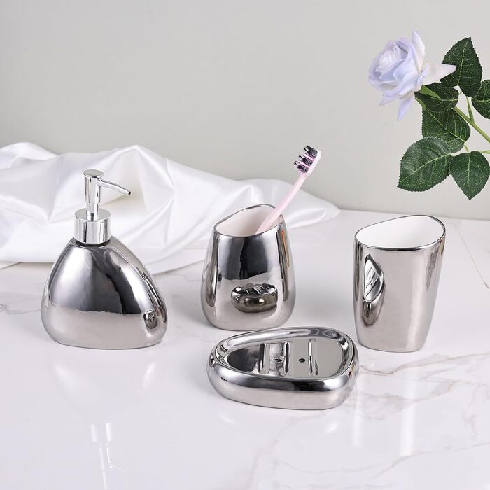 XYQXYQ Elegant 4-Piece Galvanized Ceramic Bathroom Set, featuring a lotion dispenser, mouth rinse cup, soap dish, and toothbrush holder, modern bathroom decoration set (white) (silver)