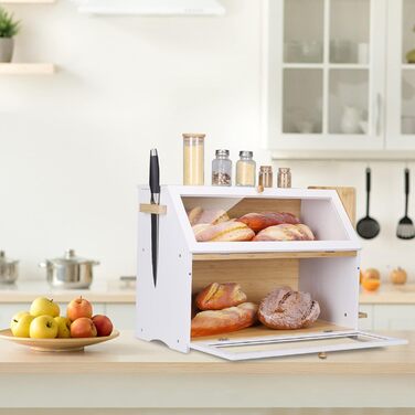 Leader Accessories Бамбуковий хлібний ящик з 2 ярусами, з дощечкою для нарізання, харчовий, легкий у догляді, 50x25x37 см, білий
