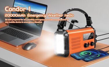 Радіо на сонячних батареях Notfallradio з ручним генератором, 20000mAh, AM/FM, ліхтарик, SOS, зарядка для телефону - помаранчеве