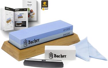 Преміум точильний камінь Bacher Schleifstein. Двостороння точилка з зернистістю 400/1000 для ножів. З антиковзким бамбуковим блоком, інструкцією та допоміжним інструментом.