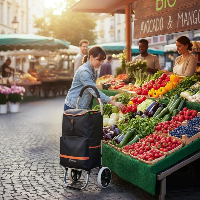 Тролей для покупок Eskey з термокишенею – складаний, водонепроникний, 50L (Чорний)