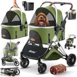 Візок для собак 3в1: візок-переноска, сумка-переноска, лежанка. Макс. вага 20 кг. Зручний, складний, з великими колесами, сітковими віконцями, дощовиком, тримачем для напоїв та м'якою підстилкою. Підходить для собак та котів (Khaki / Silver)