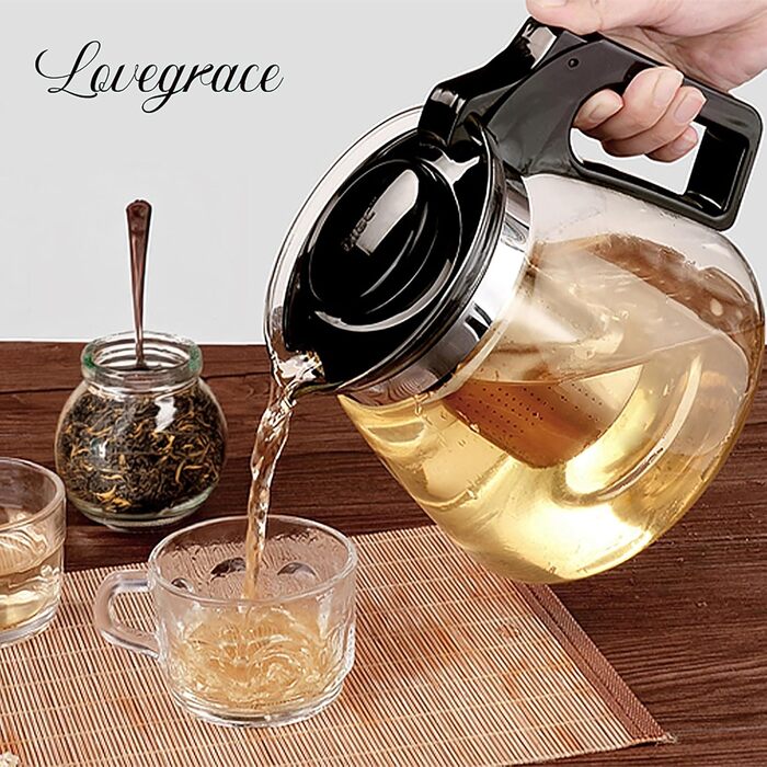 Чайник Lovegrace зі скла з ситечком – термостійкий, придатний для миття в посудомийній машині, з фільтром з нержавіючої сталі, 1500 мл