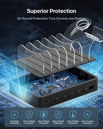 Зарядний хаб SooPii USB 60W/12A з 6 портами, органайзер для декількох пристроїв, з тримачем для Apple Watch, 6 кабелів у комплекті (Чорний)