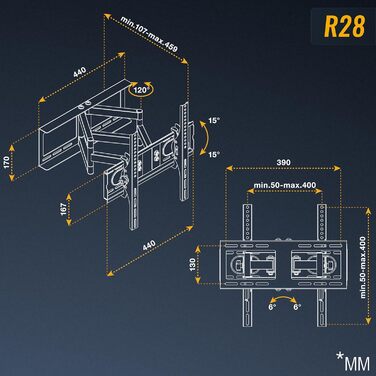 Кріплення для телевізора RICOO R28: поворотне та нахильне для телевізорів 40-65 дюймів (VESA 400x400), до 75 кг, підходить для curved екранів