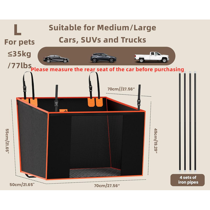 Pecute Dog Car Seat - Reinforced & Secure Dog Seat for Medium & Large Dogs - Adjustable Straps & Stable Car Dog Crate for Rear Seat (L)