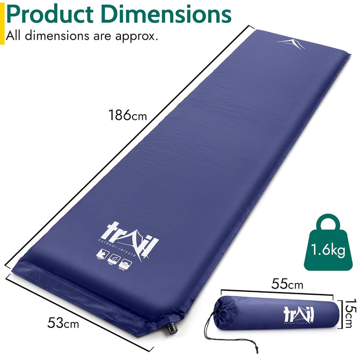 Trail Outdoor Self-Inflating Sleeping Pad - 5cm Thick Camping Mat - Blue