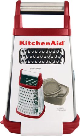 KitchenAid KN300OSERA Gourmet 4-Sided Stainless Steel Box Grater for Fine, Medium, and Coarse Shreds and Slices, Removable 3-Cup Storage Container and Measuring Marks, Dishwasher Safe, Empire